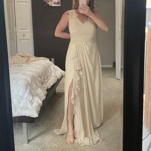 Brand new evening gown. Champagne/light tan. Corset back fitting sizes 10-16